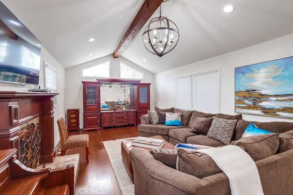 Chandelier, Fireplace, Interior, Living room, Recessed Lighting, Wooden Beams, Wood Texture Flooring