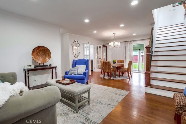 Chandelier, Dining room, Interior, Living room, Recessed Lighting, Wood Texture Flooring