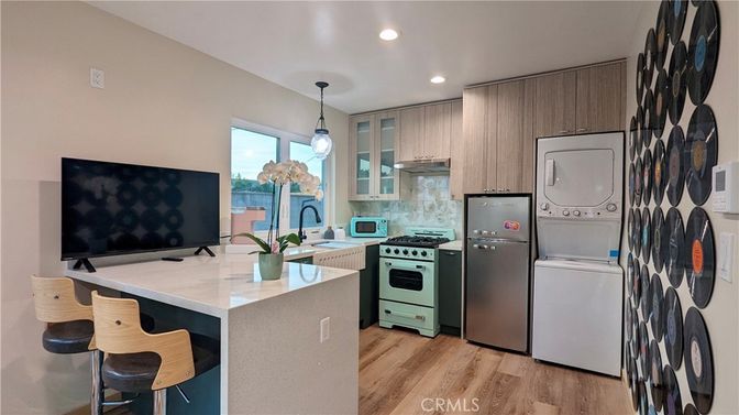 Interior, Kitchen, Pendant Lights, Recessed Lighting, Stainless Steel Appliances, Washer, Wood Texture Flooring