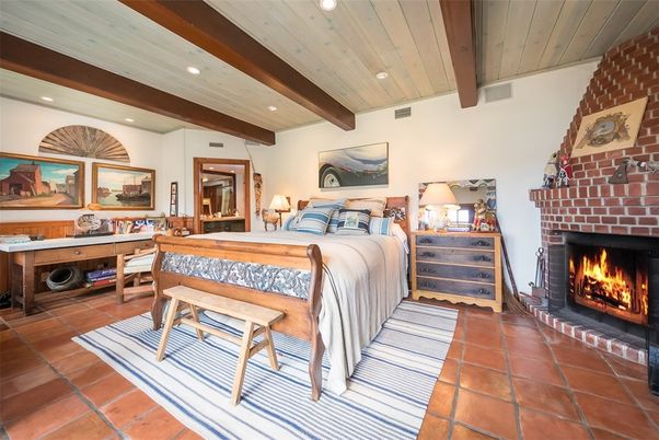 Bedroom, Fireplace, Interior, Recessed Lighting, Wooden Beams, Wooden Ceilings