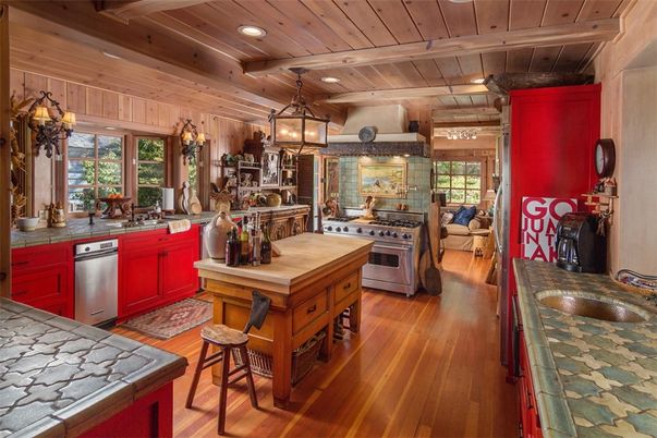 Chandelier, Interior, Kitchen, Recessed Lighting, Stainless Steel Appliances, Wooden Beams, Wooden Ceilings, Wood Texture Flooring