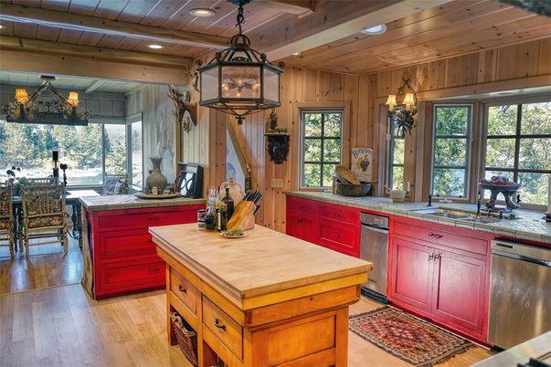Chandelier, Interior, Kitchen, Recessed Lighting, Stainless Steel Appliances, Wooden Beams, Wooden Ceilings, Wood Texture Flooring, Wooden Walls