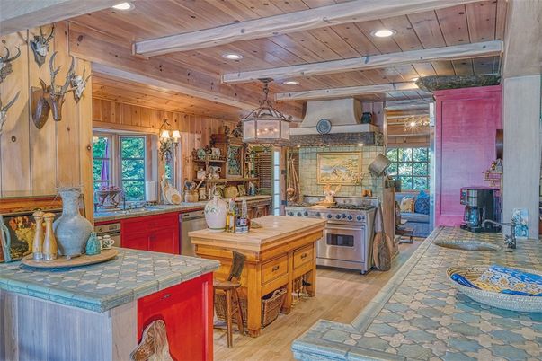 Interior, Kitchen, Recessed Lighting, Stainless Steel Appliances, Tile Countertops, Wooden Beams, Wooden Ceilings, Wood Texture Flooring