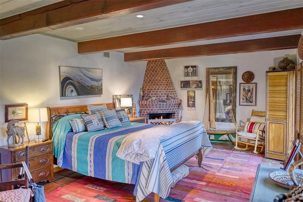 Bedroom, Fireplace, Interior, Recessed Lighting, Wooden Beams