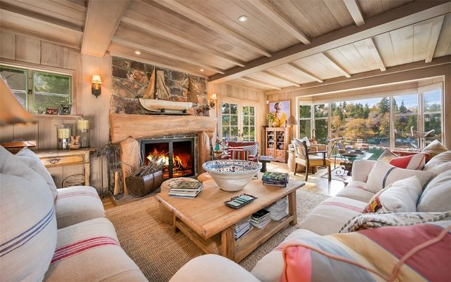 Fireplace, Interior, Living room, Recessed Lighting, Stone Walls, Wooden Beams, Wooden Ceilings