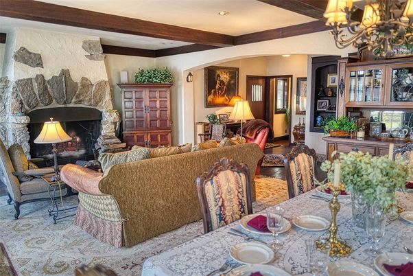 Chandelier, Dining room, Fireplace, Interior, Living room, Recessed Lighting, Wooden Beams