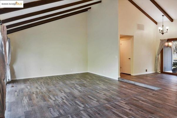 Chandelier, Empty room, Interior, Pendant Lights, Wooden Beams, Wood Texture Flooring