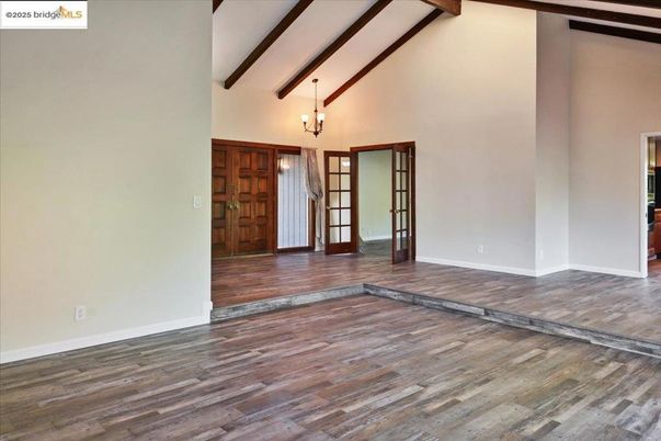 Empty room, Interior, Pendant Lights, Wooden Beams, Wood Texture Flooring