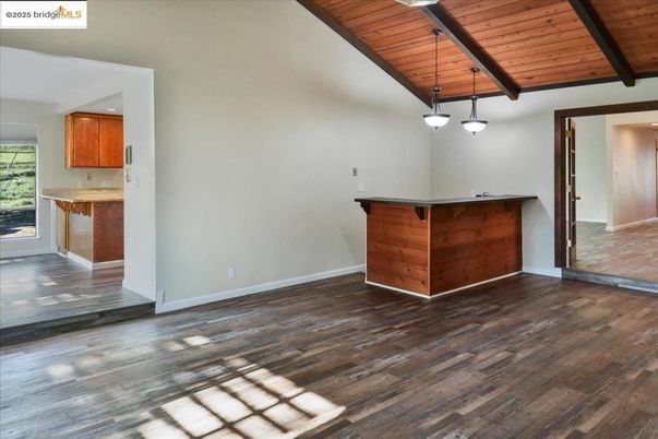 Empty room, Interior, Kitchen, Pendant Lights, Wooden Beams, Wooden Ceilings, Wood Texture Flooring