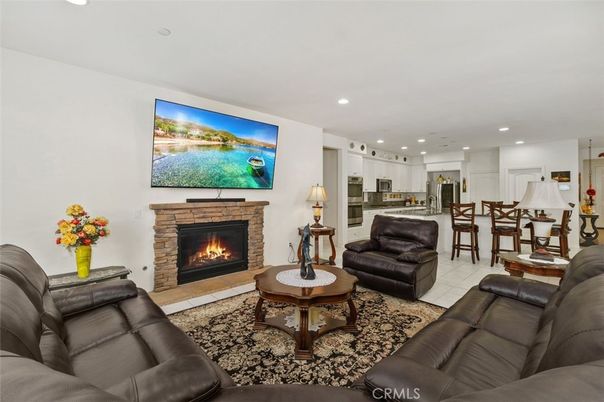 Dining room, Fireplace, Interior, Kitchen, Living room, Recessed Lighting, Stainless Steel Appliances