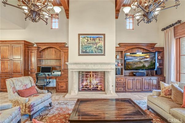 Chandelier, Fireplace, Home Office, Interior, Wooden Beams