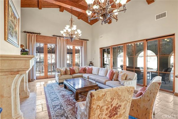 Chandelier, Fireplace, Interior, Living room, Wooden Beams