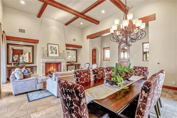 Chandelier, Dining room, Fireplace, Interior, Living room, Recessed Lighting, Wooden Beams