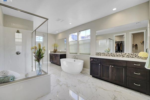 Bathroom, Dual Sink Vanities, Free Standing Baths, Glass Shower, Interior, Marble, Recessed Lighting