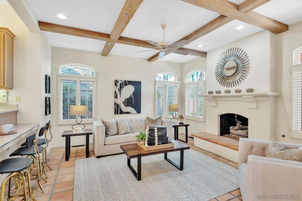 Fireplace, Interior, Living room, Recessed Lighting, Wooden Beams