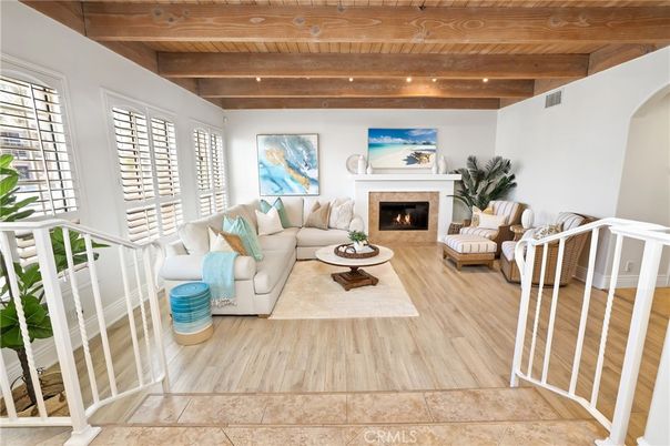 Fireplace, Interior, Living room, Recessed Lighting, Wooden Beams, Wooden Ceilings, Wood Texture Flooring