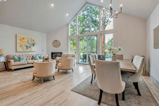 Dining room, Fireplace, Interior, Living room, Pendant Lights, Recessed Lighting, Wood Texture Flooring
