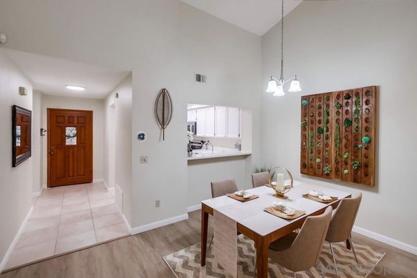 Dining room, Interior, Pendant Lights, Recessed Lighting, Wood Texture Flooring