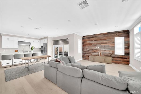Interior, Kitchen, Living room, Recessed Lighting, Stainless Steel Appliances, Wood Texture Flooring, Wooden Walls