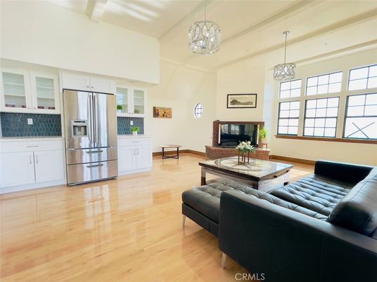 Chandelier, Interior, Kitchen, Living room, Pendant Lights, Stainless Steel Appliances, Wood Texture Flooring