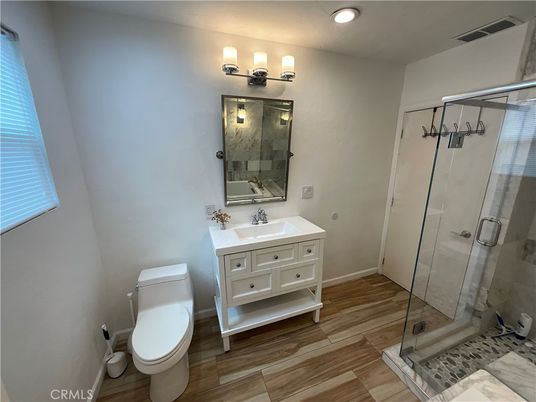 Bathroom, Glass Shower, Interior, Recessed Lighting, Wood Texture Flooring