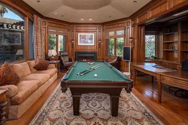 Billiard Table, Fireplace, Game Room, Home Office, Interior, Recessed Lighting, Wood Texture Flooring, Wooden Walls