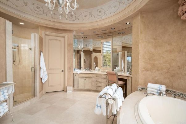 Bathroom, Chandelier, Glass Shower, Interior, Recessed Lighting