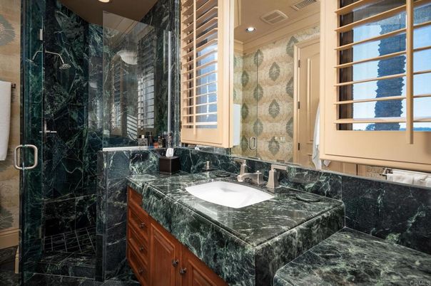 Bathroom, Glass Shower, Interior, Marble Walls, Recessed Lighting