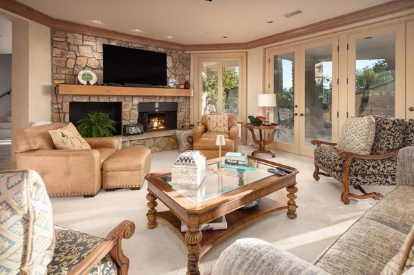Fireplace, Interior, Living room, Recessed Lighting, Stone Walls