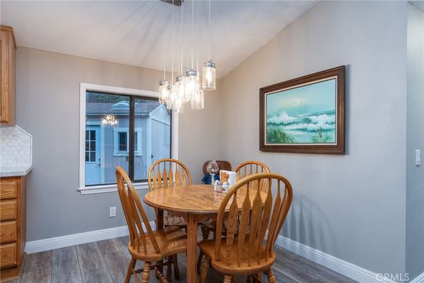 Dining room, Interior, Pendant Lights, Wood Texture Flooring