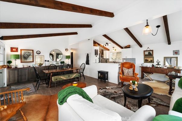 Dining room, Interior, Living room, Pendant Lights, Wooden Beams, Wood Texture Flooring