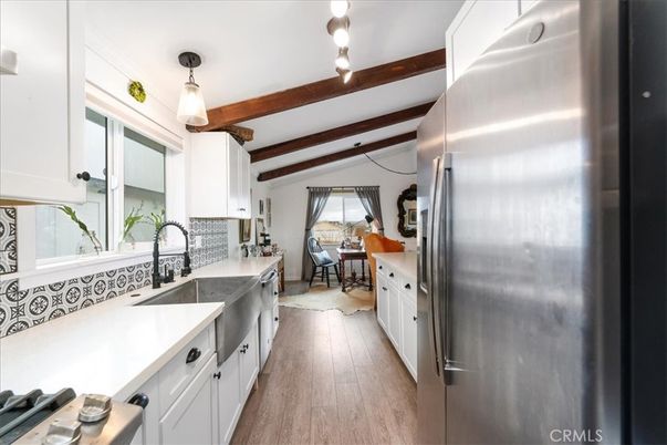 Interior, Kitchen, Pendant Lights, Stainless Steel Appliances, Wooden Beams, Wood Texture Flooring