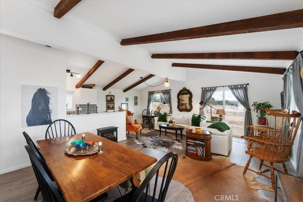Dining room, Fireplace, Interior, Living room, Wooden Beams, Wood Texture Flooring