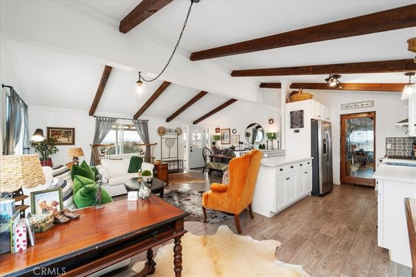 Dining room, Interior, Kitchen, Living room, Pendant Lights, Wooden Beams, Wood Texture Flooring