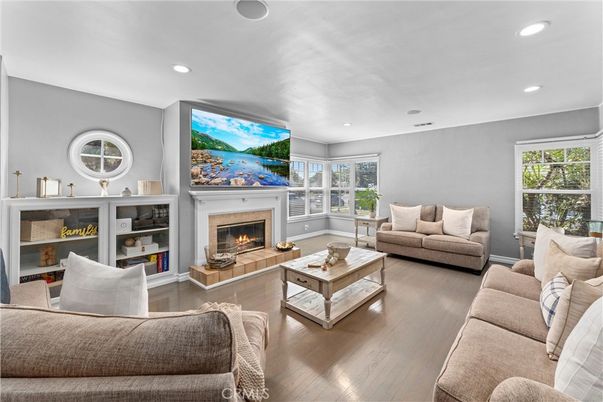 Fireplace, Interior, Living room, Recessed Lighting, Wood Texture Flooring