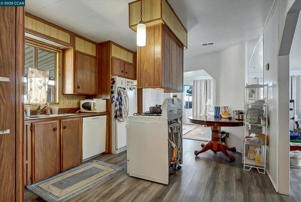 Interior, Kitchen, Pendant Lights, Washer, Wood Texture Flooring