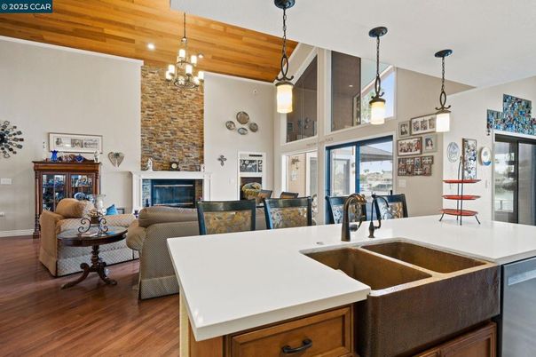Dining room, Fireplace, Interior, Kitchen, Living room, Pendant Lights, Recessed Lighting, Wooden Ceilings, Wood Texture Flooring