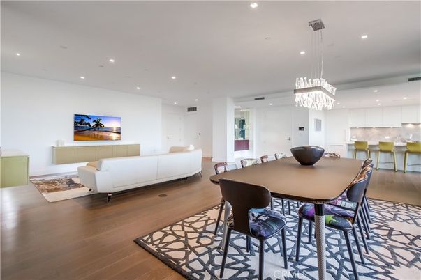 Chandelier, Dining room, Interior, Kitchen, Living room, Pendant Lights, Recessed Lighting, Wood Texture Flooring