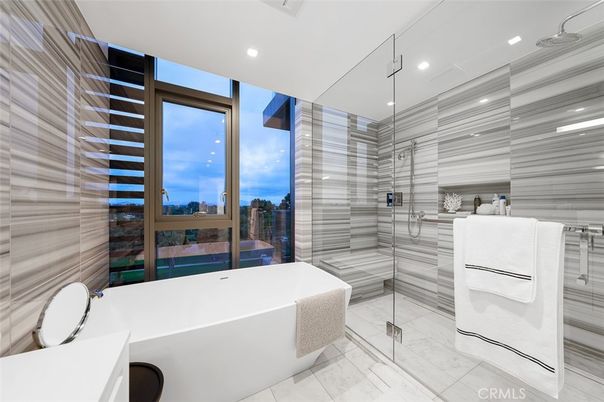 Bathroom, Free Standing Baths, Glass Shower, Interior, Marble, Recessed Lighting