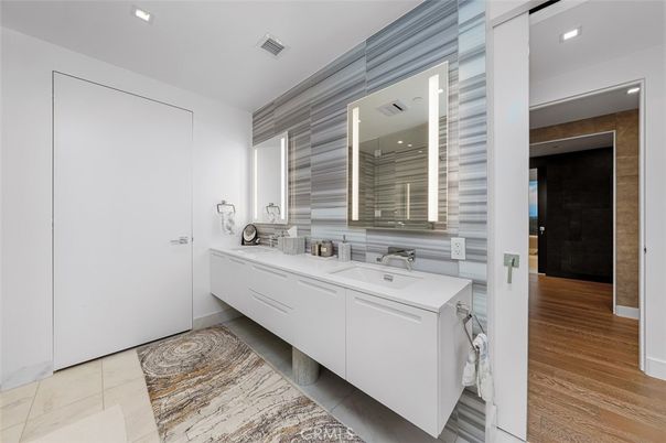 Bathroom, Dual Sink Vanities, Interior, Recessed Lighting, Wood Texture Flooring