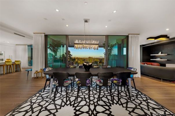 Dining room, Interior, Pendant Lights, Recessed Lighting, Wood Texture Flooring