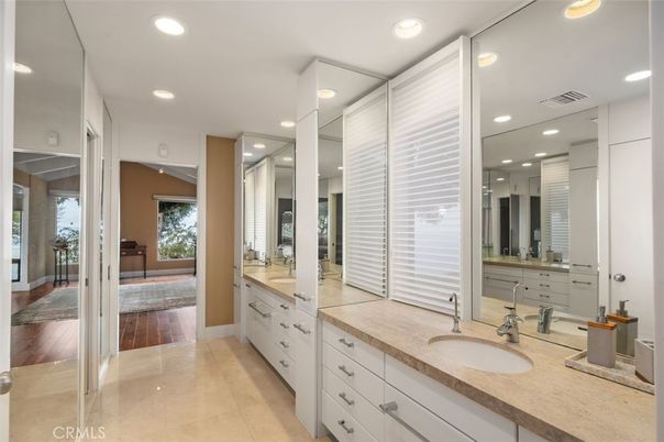 Bathroom, Dual Sink Vanities, Interior, Recessed Lighting, Wood Texture Flooring