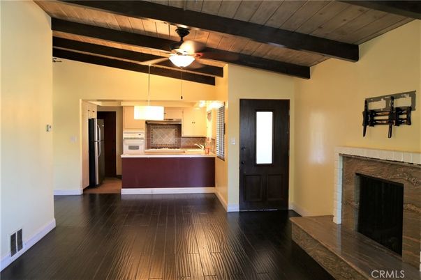 Fireplace, Interior, Kitchen, Pendant Lights, Wooden Beams, Wooden Ceilings, Wood Texture Flooring