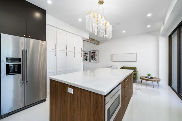 Chandelier, Interior, Kitchen, Recessed Lighting, Stainless Steel Appliances