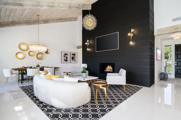 Dining room, Fireplace, Interior, Living room, Pendant Lights