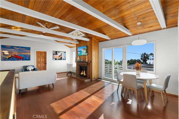 Dining room, Fireplace, Interior, Pendant Lights, Wooden Ceilings, Wood Texture Flooring