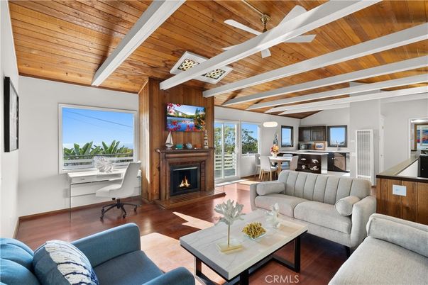 Dining room, Fireplace, Interior, Kitchen, Living room, Pendant Lights, Wooden Ceilings, Wood Texture Flooring, Wooden Walls
