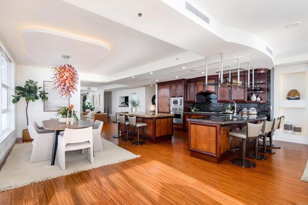 Dining room, Interior, Kitchen, Recessed Lighting, Stainless Steel Appliances, Wood Texture Flooring