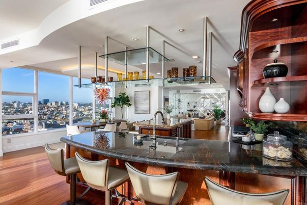 Dining room, Interior, Pendant Lights, Recessed Lighting, Wood Texture Flooring