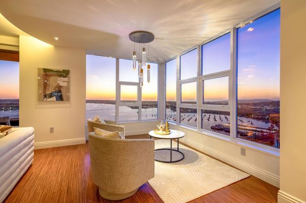 Interior, Living room, Pendant Lights, Recessed Lighting, Water, Wood Texture Flooring